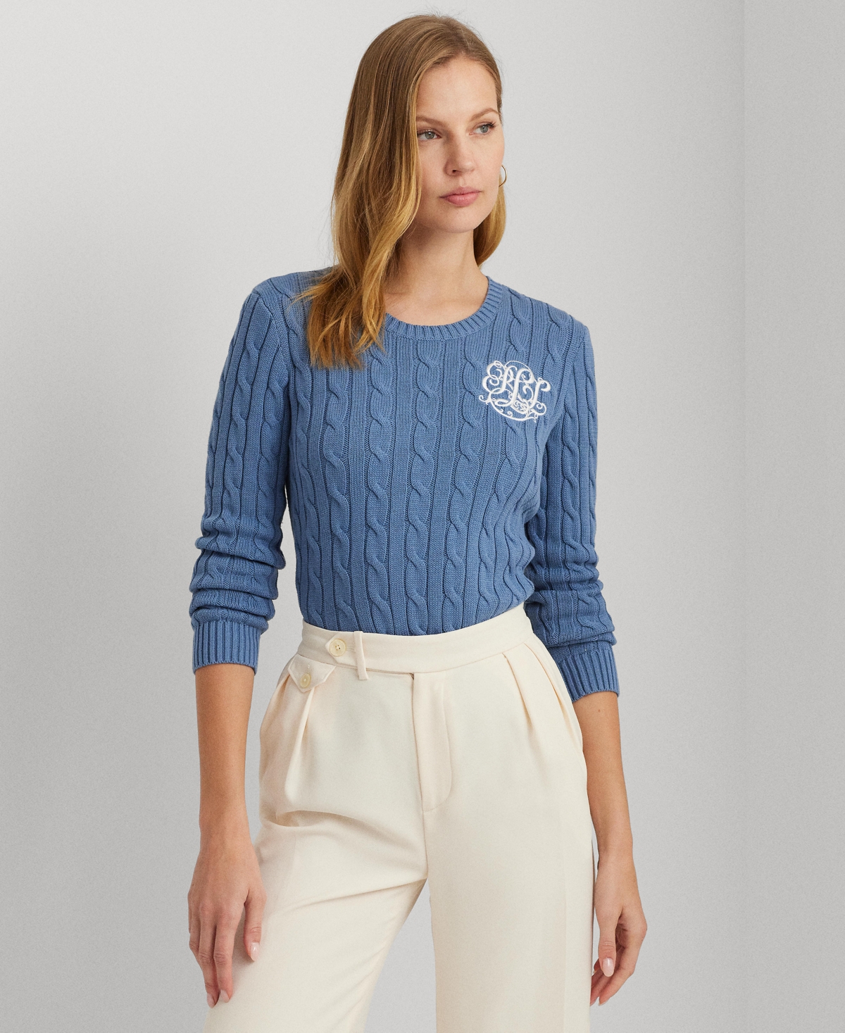 Shop Lauren Ralph Lauren Women's Cotton Cable-knit Sweater In Pale Azure