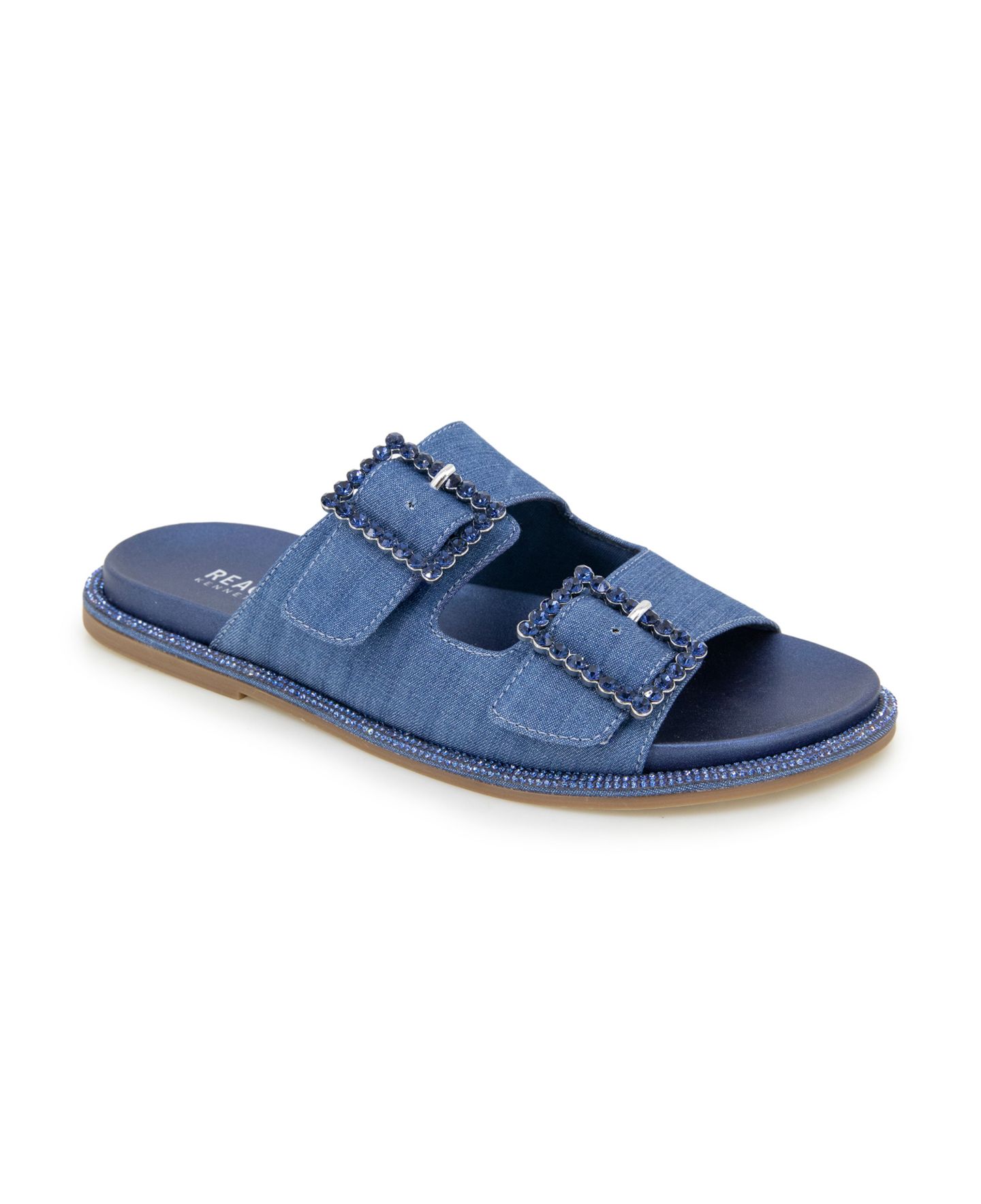 Женские сандалии Kenneth Cole Reaction Sydney Two Band Jewel Buckle Flat, цвет: Джинсовый — фото 1
