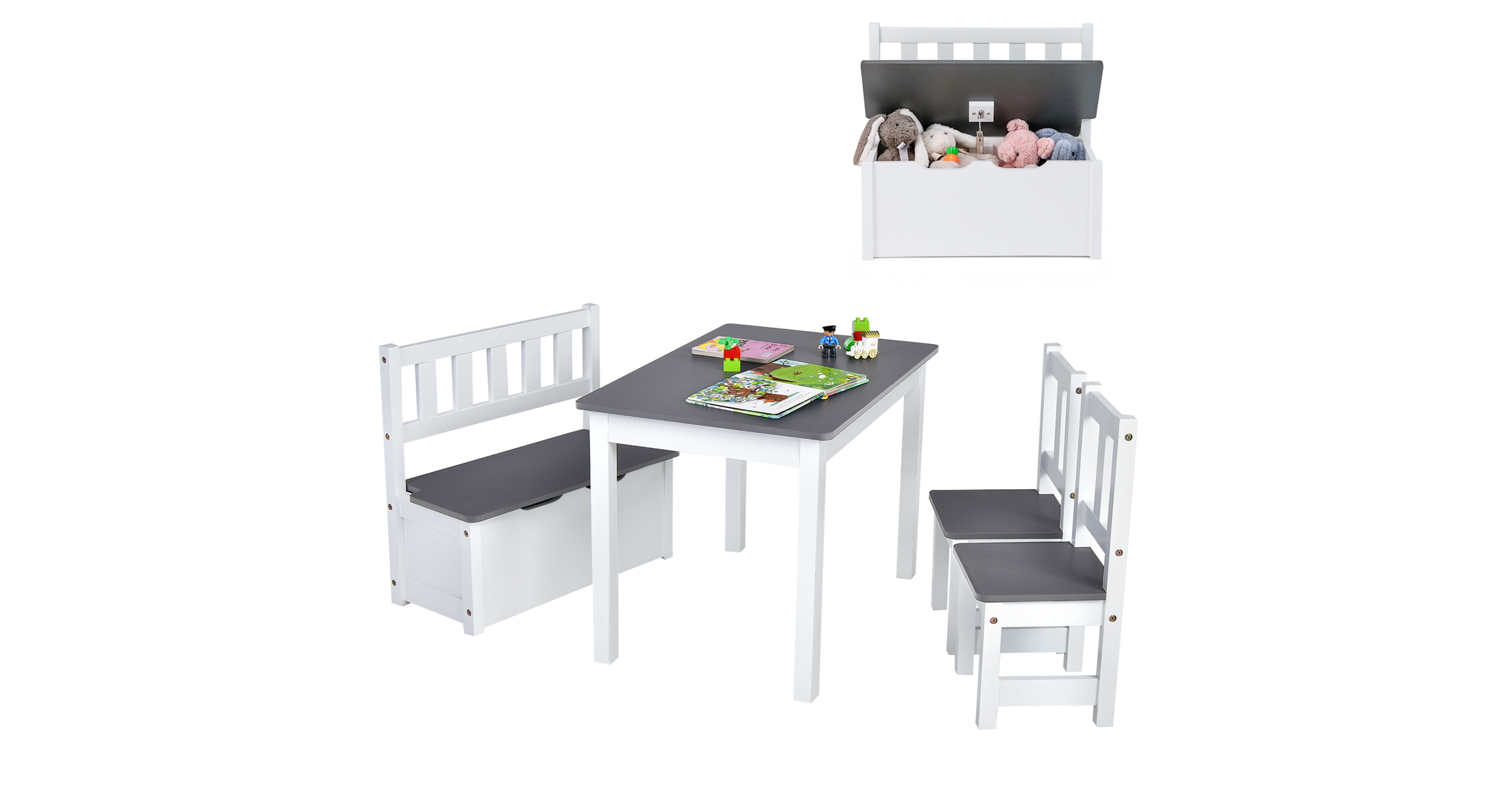 4 Pcs Kids Wooden Activity Table & Chairs Set w/ Storage Bench Study Desk