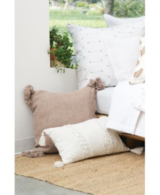 Barton Ivory White Striped Throw Pillow, 14" x 22" w/ Tassels