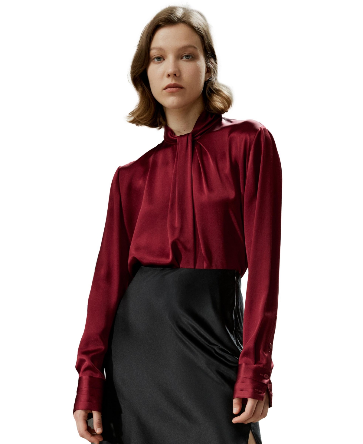 Women's Asymmetrical Embellished Pleats Silk Shirt for Women - Barbados cherry