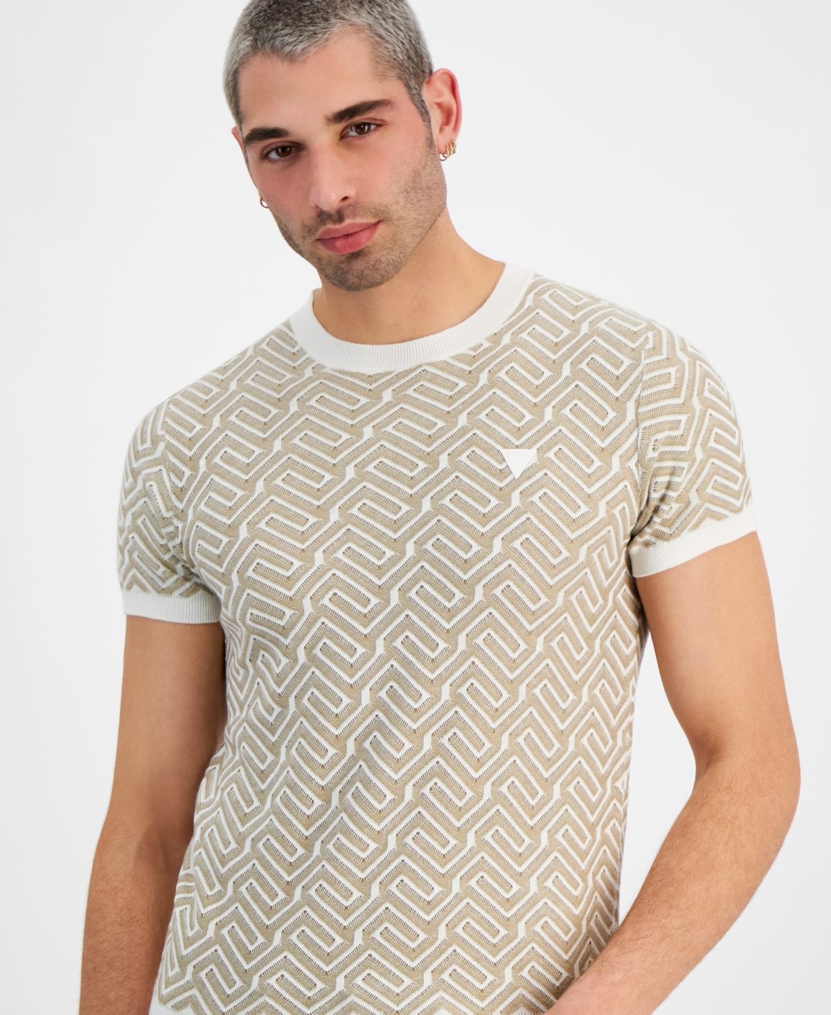 Shop Guess Men's Regular-fit Carl Geometric T-shirt In Salt And Khaki Storm Geometric Combo