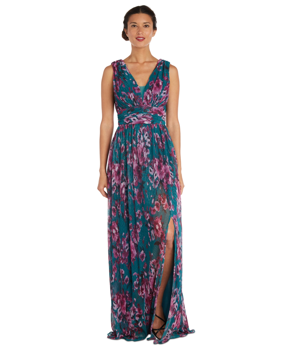 Women's Metallic Floral Print Sleeveless Gown - Teal