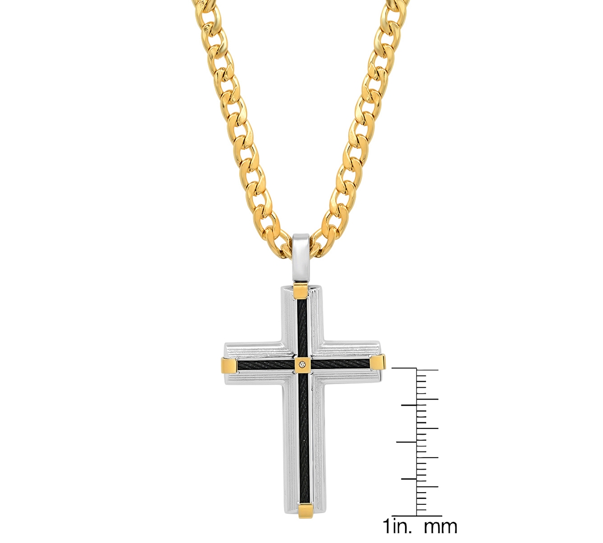 Shop Steeltime Men's 18k Gold Plated Tri-tone Cross Pendant Necklace, 24" In Black,gold,silver