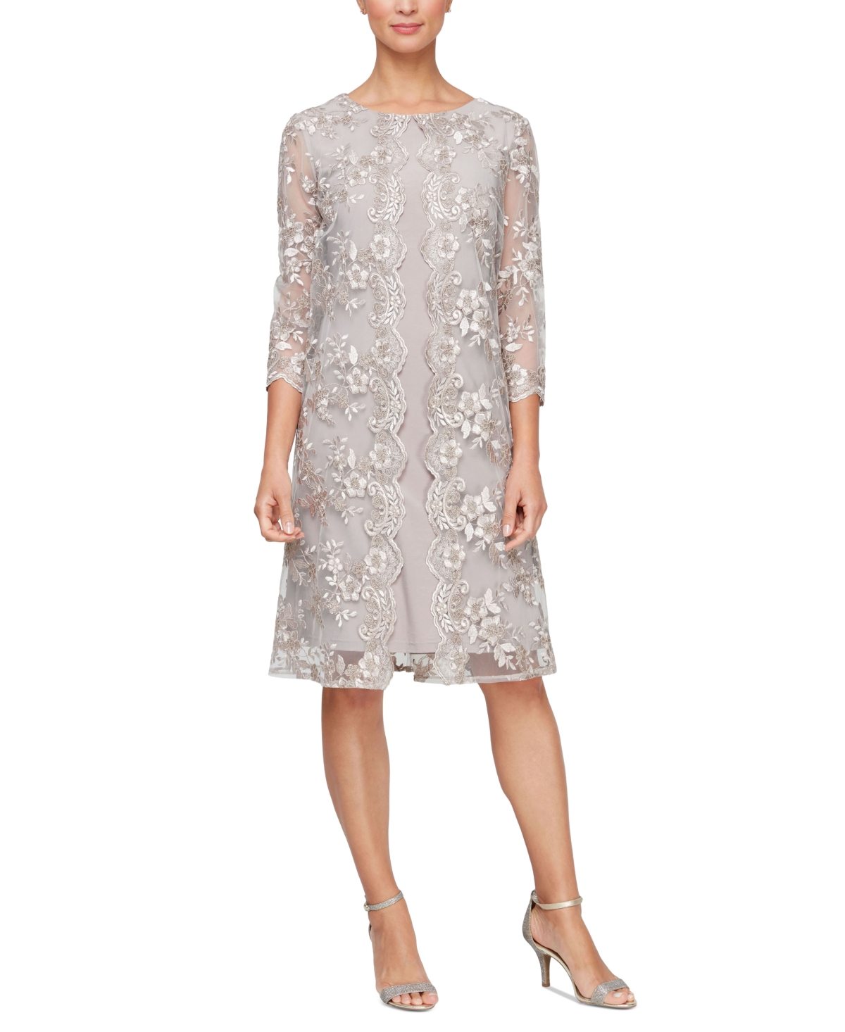 Shop Alex Evenings Women's Floral Embroidered Mesh Jacket Sheath Dress In Taupe