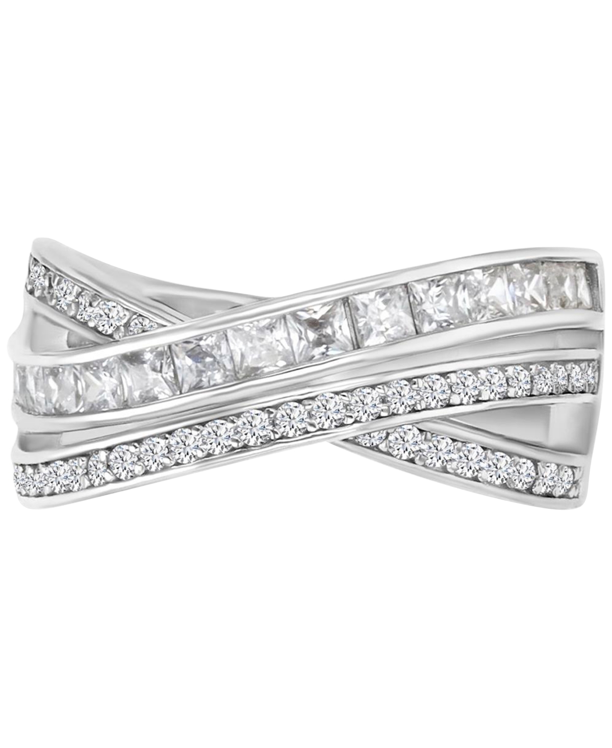 Shop Macy's Cubic Zirconia Princess & Round Double Row Crossover Statement Ring In Silver