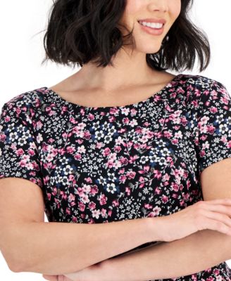 Connected Petite Printed Round-Neck Fit & Flare Dress