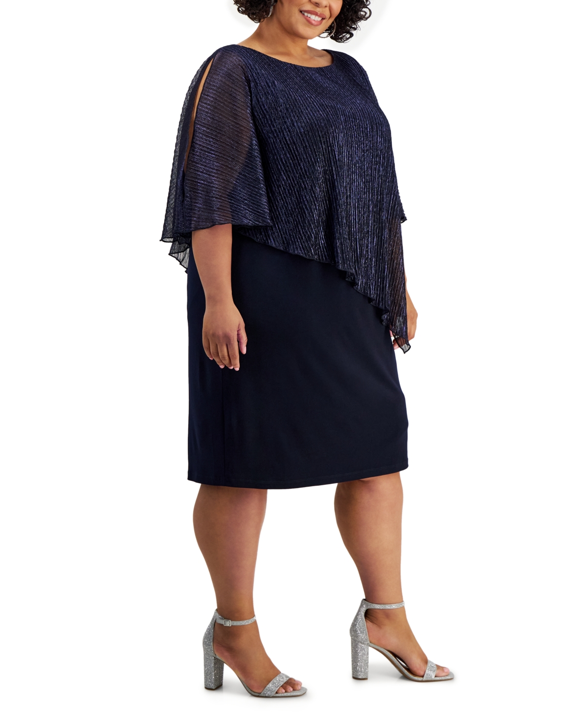 Shop Connected Plus Size Pleated Metallic Cape Sheath Dress In Navy
