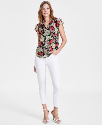 Anne Klein Floral Print Ruffled Sleeve Top Skinny Jeans In Soft White