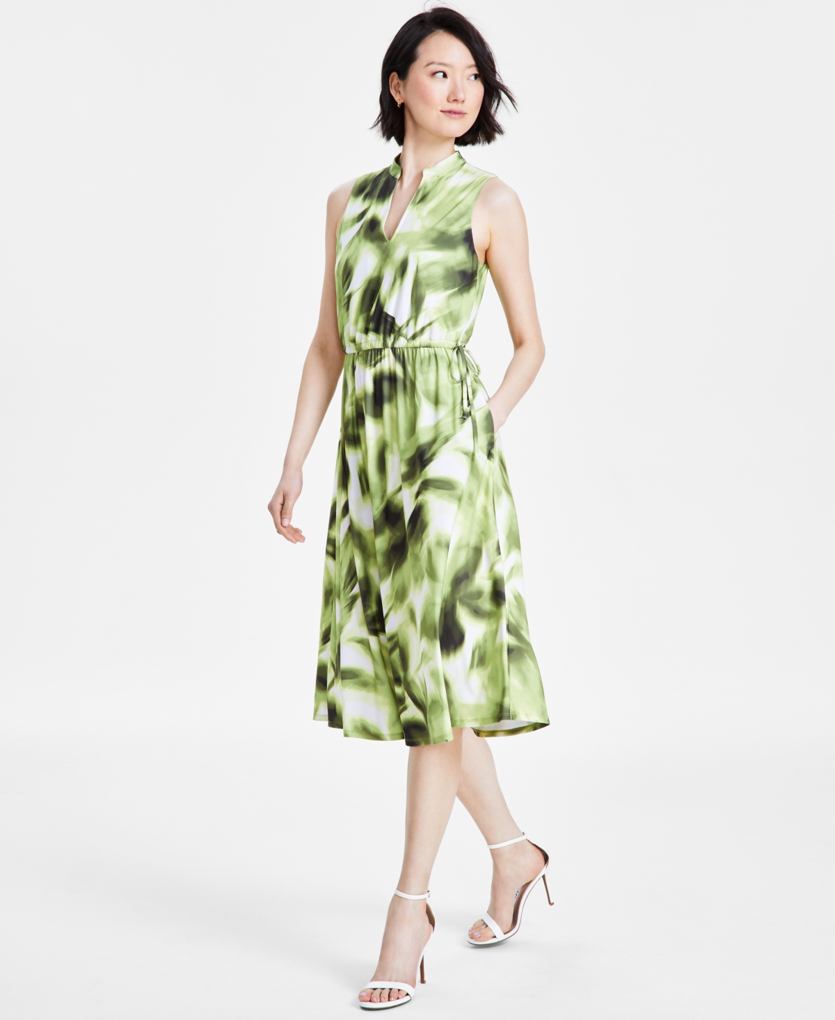 Women's Jenna Blurry-Print Drawstring-Waist Dress - BRIGHT WHITE/SPROUT