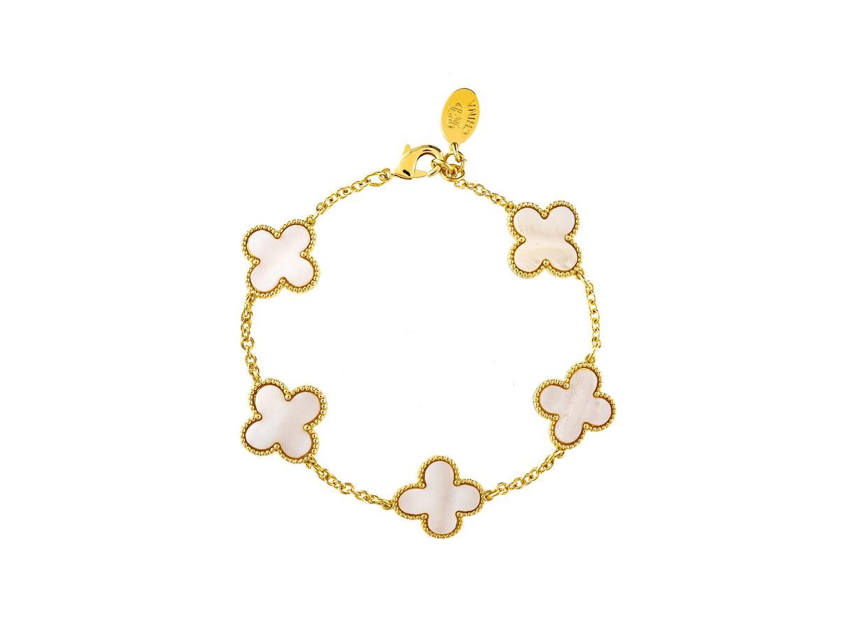Mother of Pearl Clover Station Bracelet - Gold with white mother of pearl