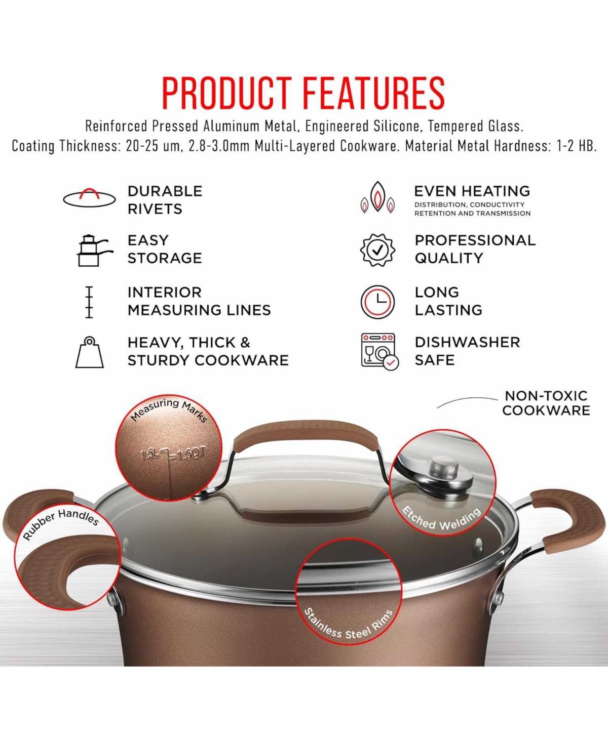 Cookware Set - Piece - Multi-Sized Cooking Pots with Lids, Skillet Fry Pans and Bakeware - Reinforced Pressed Aluminum Metal - Suitable for Gas, El