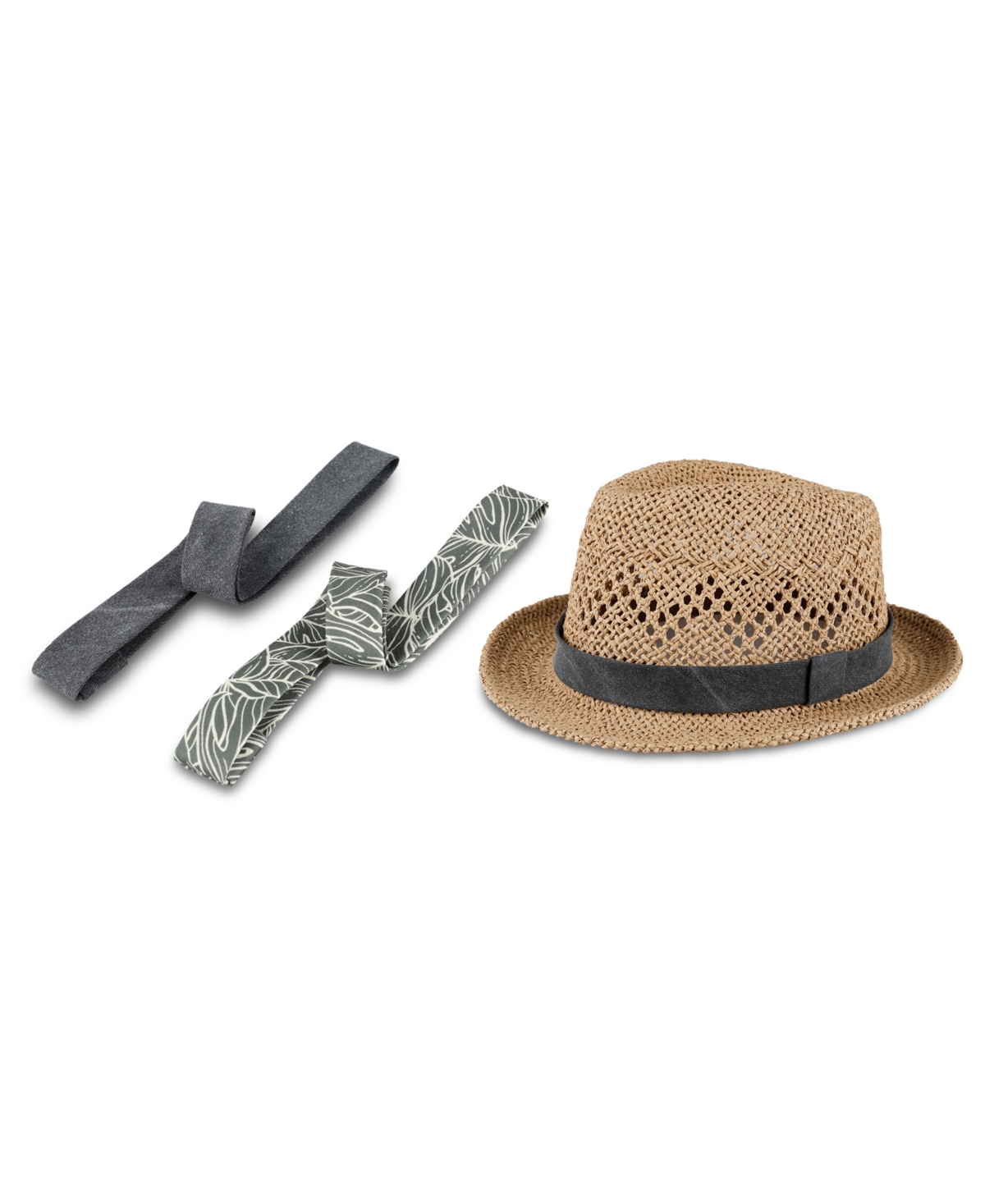 Men's Packable Open Weave Fedora Hat with Two Interchangeable Bands - Olive