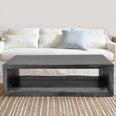58" Cube Shaped Wooden Coffee Table With Open Bottom Shelf, Charcoal Gray