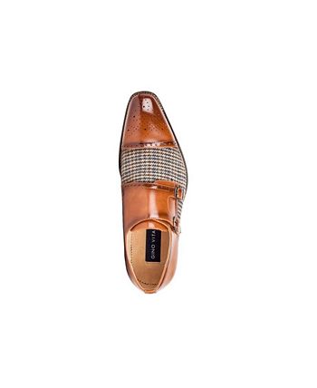 Double Monk Strap Houndstooth Medallion Cap Toe Dress Shoes