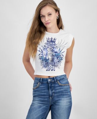 GUESS - Women's Smocked Embellished Graphic Tank Top