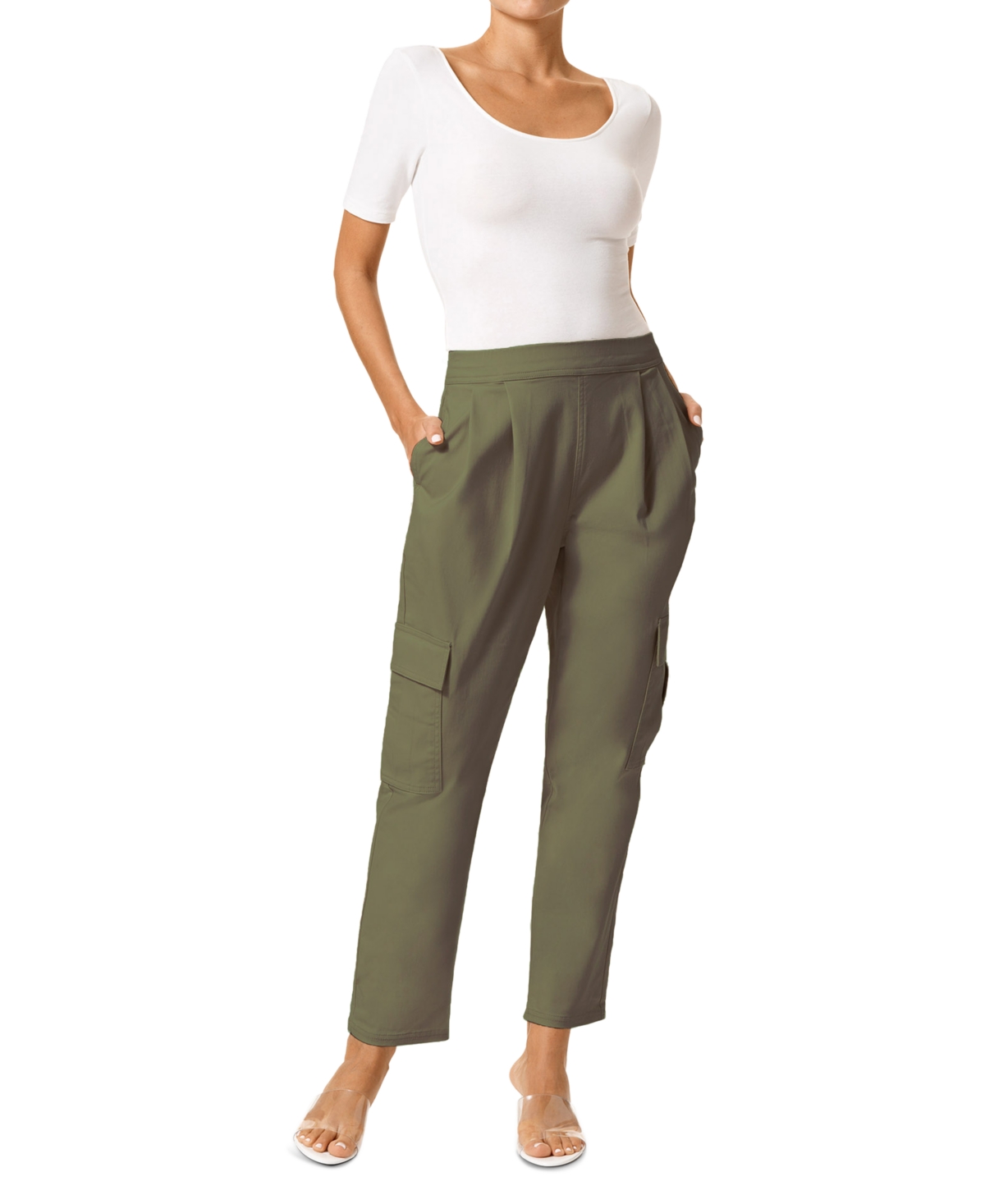 Shop Hue Women's Chinosoft Pleated Tapered Cargo Pants In Olive