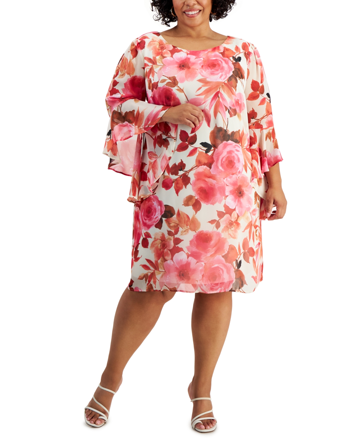 Shop Connected Plus Size Ruffled-sleeve Floral Swing Dress In Ivy