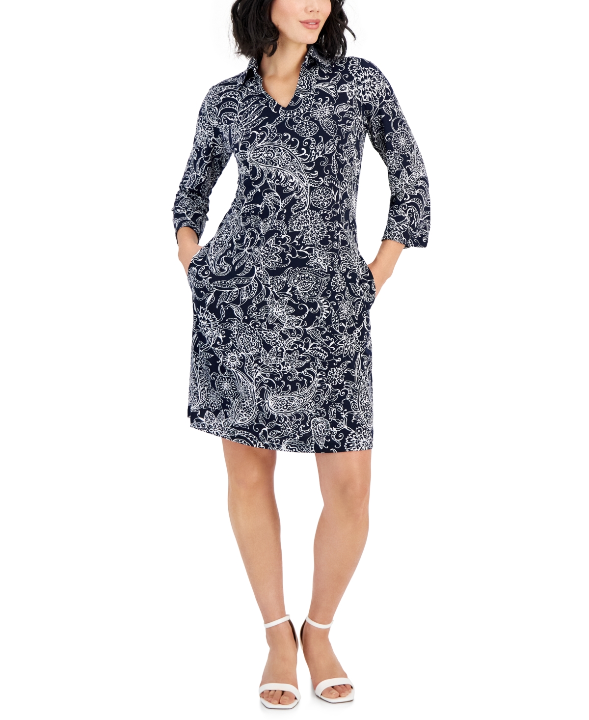 Petite Printed Collared A-Line 34/-Sleeve Dress - Navy/white