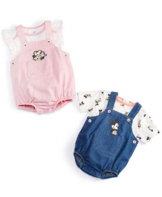 Shop Disney Baby Mickey Mouse Minnie Mouse Top Woven Denim Shortall 2 Piece Sets In Pink