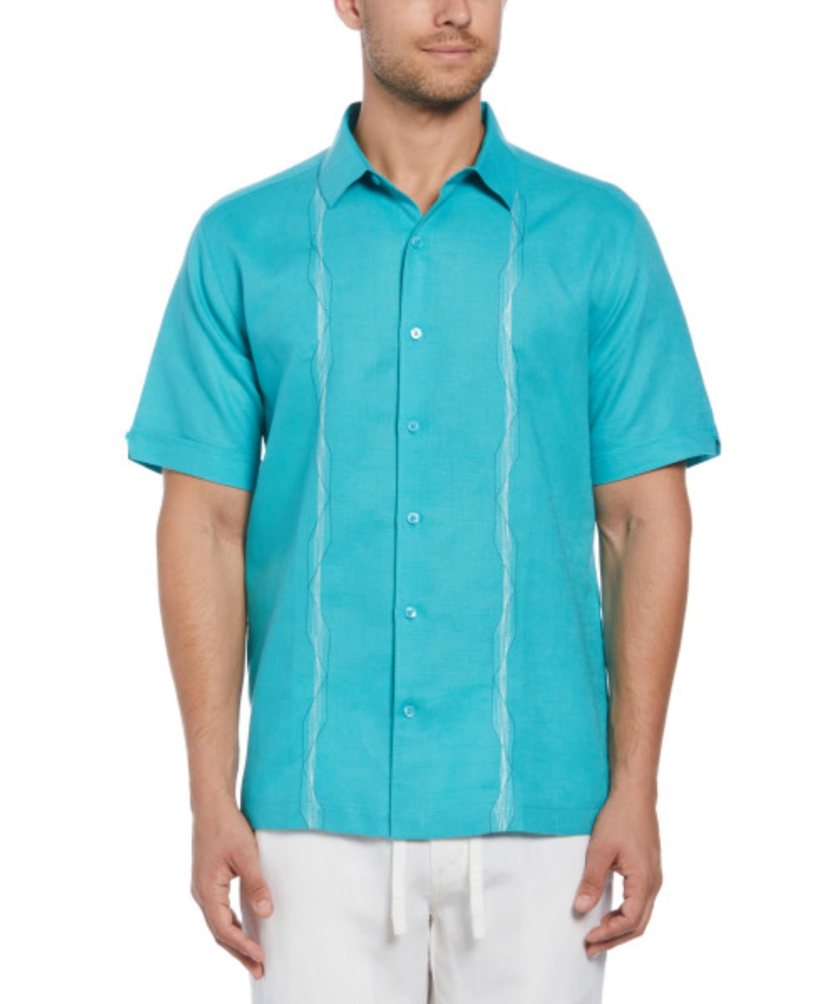 Men's Short Sleeve Geo Embroidered Linen Blend Button-Front Shirt - Baltic