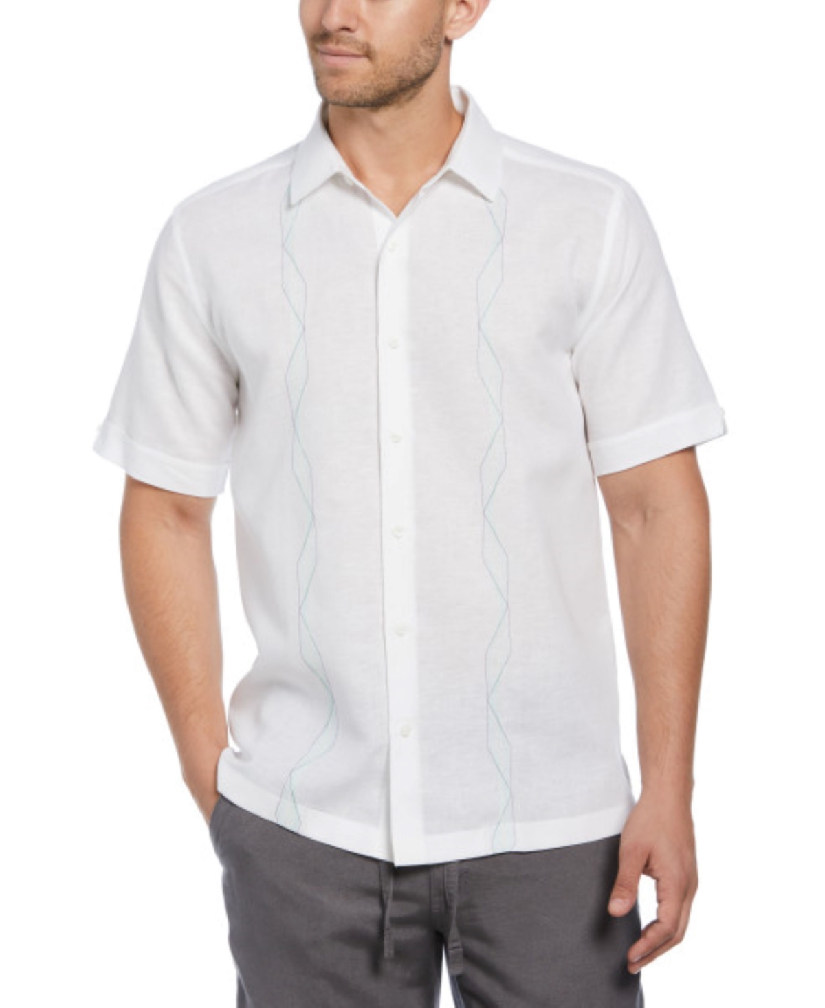 Men's Short Sleeve Geo Embroidered Linen Blend Button-Front Shirt - Baltic
