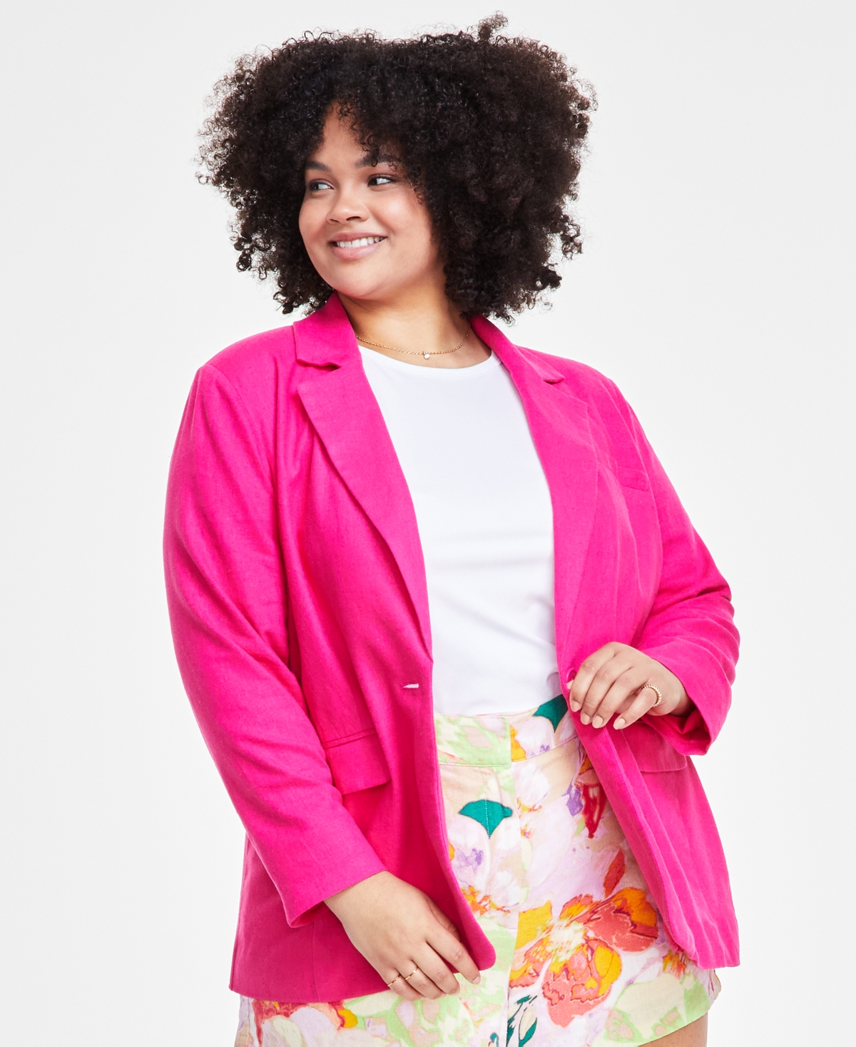 Trendy Plus Size One-Button Linen Blazer, Created for Macy's - Pink Peacock