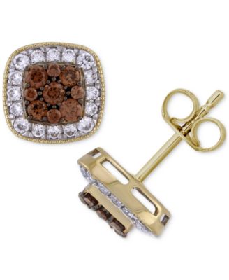Macy's - Men's Brown Diamond & White Diamond Square Halo Cluster Stud Earrings (1 ct. t.w.) in 10k Gold