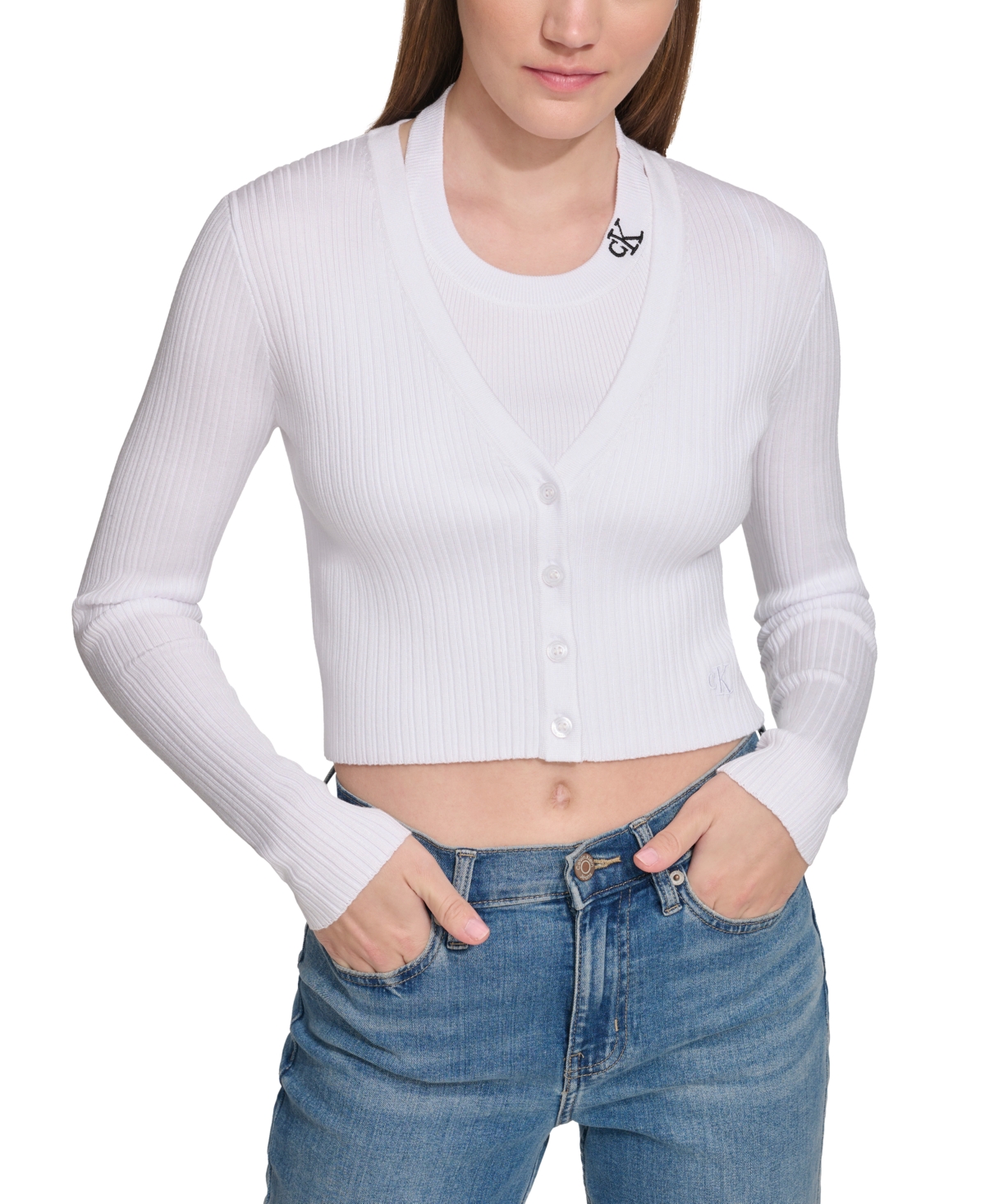 Calvin Klein Jeans Est.1978 Women's Ribbed Button-down Cropped Cardigan Sweater In White