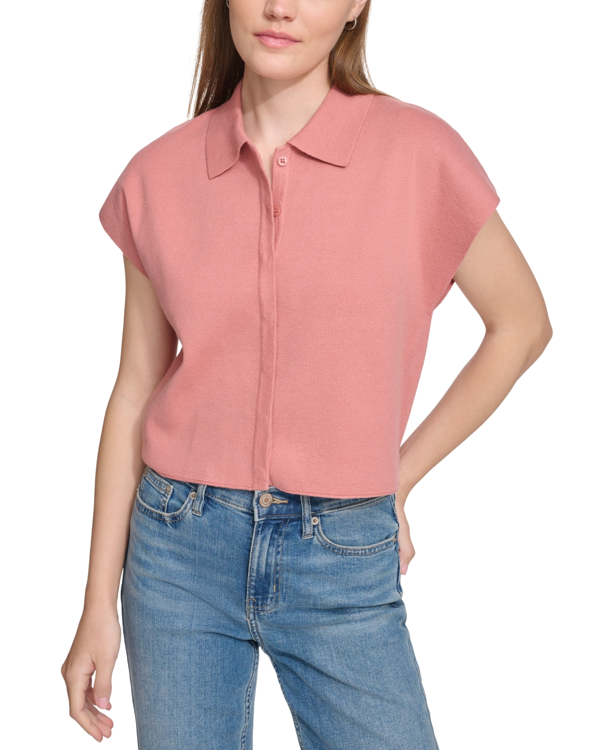 Calvin Klein Jeans Est.1978 Women's Extended-shoulder Covered-placket Top In Ash Rose