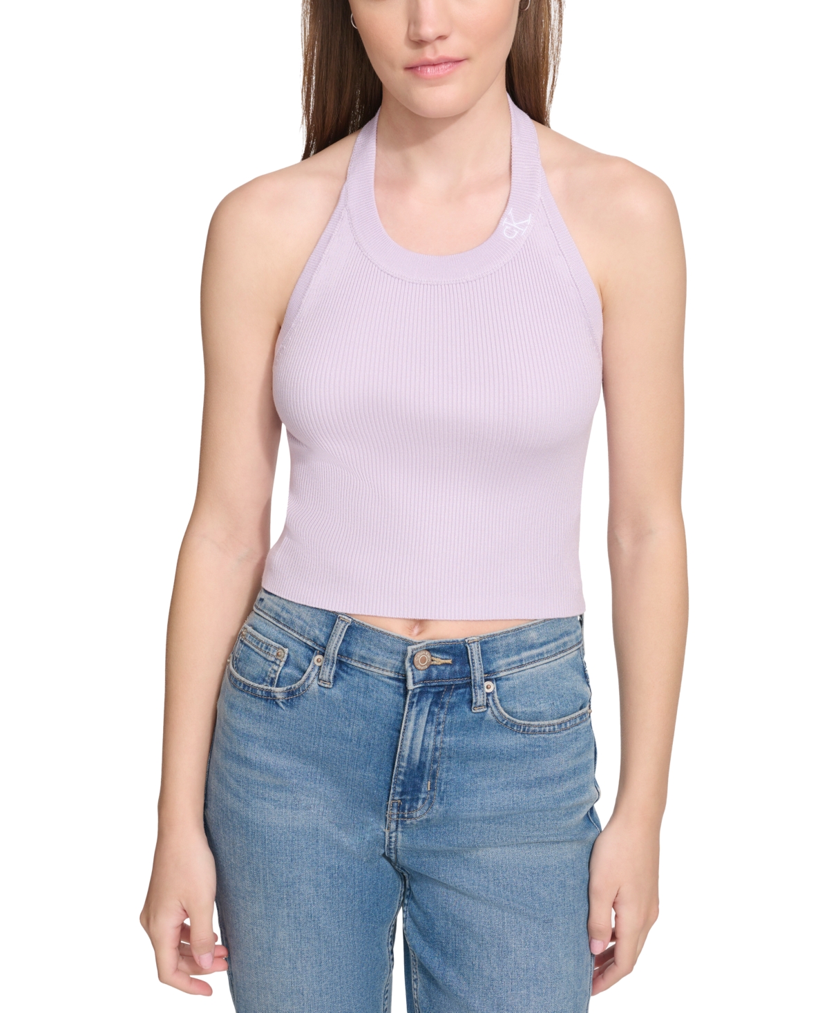 Calvin Klein Jeans Est.1978 Women's Ribbed Embroidered-logo Cropped Halter Top In Orchid,white