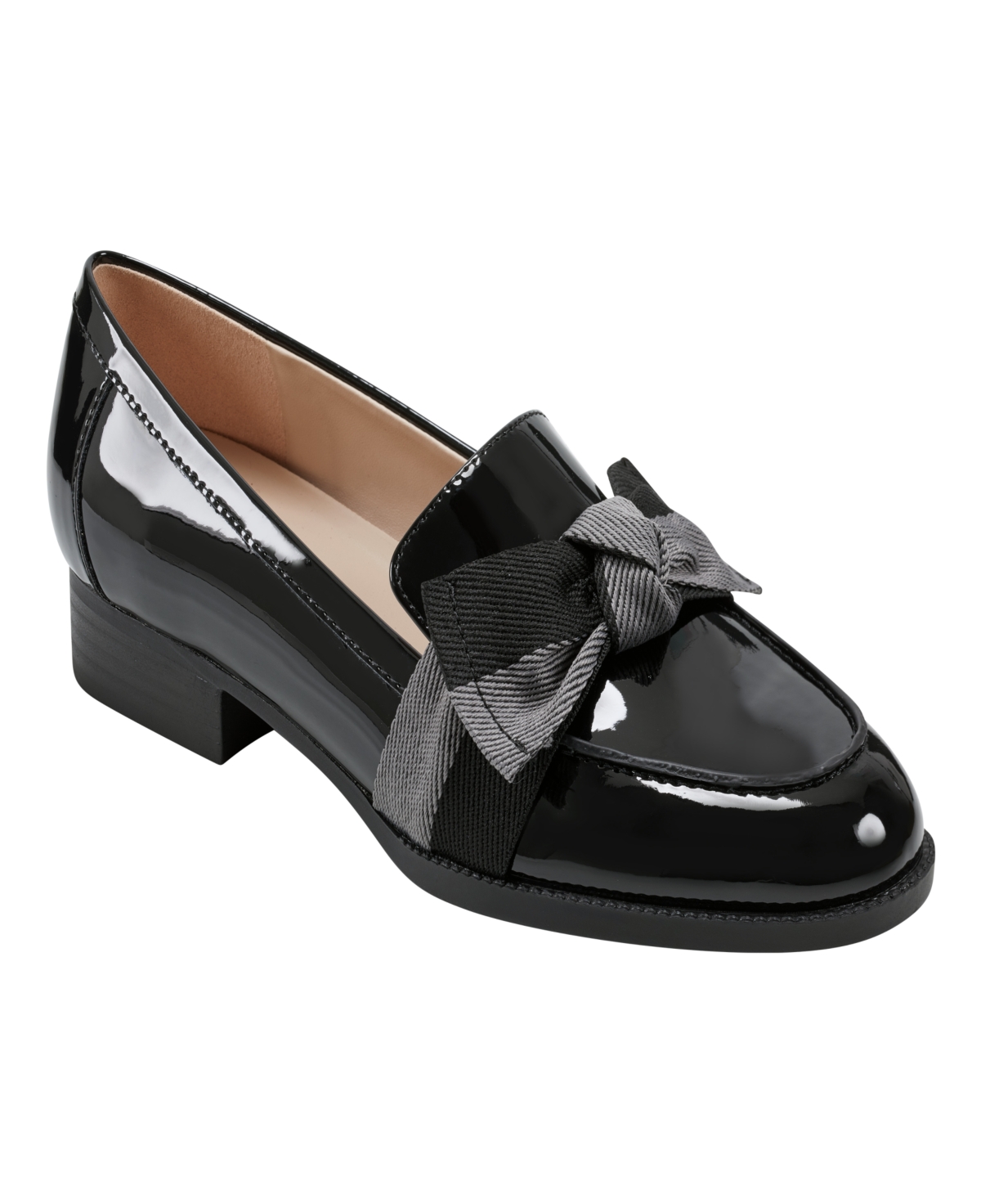 Shop Bandolino Women's Lindio Bow Detail Block Heel Slip On Loafers In Black Patent,gray - Faux Patent Leather