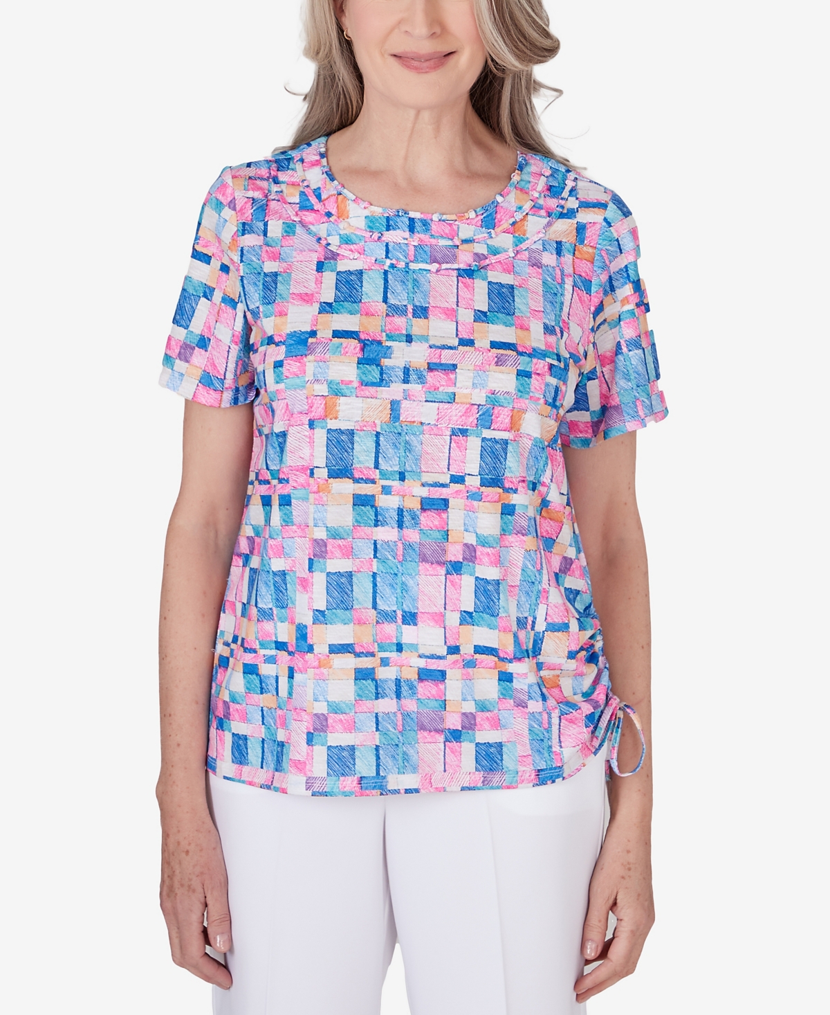 Shop Alfred Dunner Petite Paradise Island Geometric Braided Neckline Top In Multi