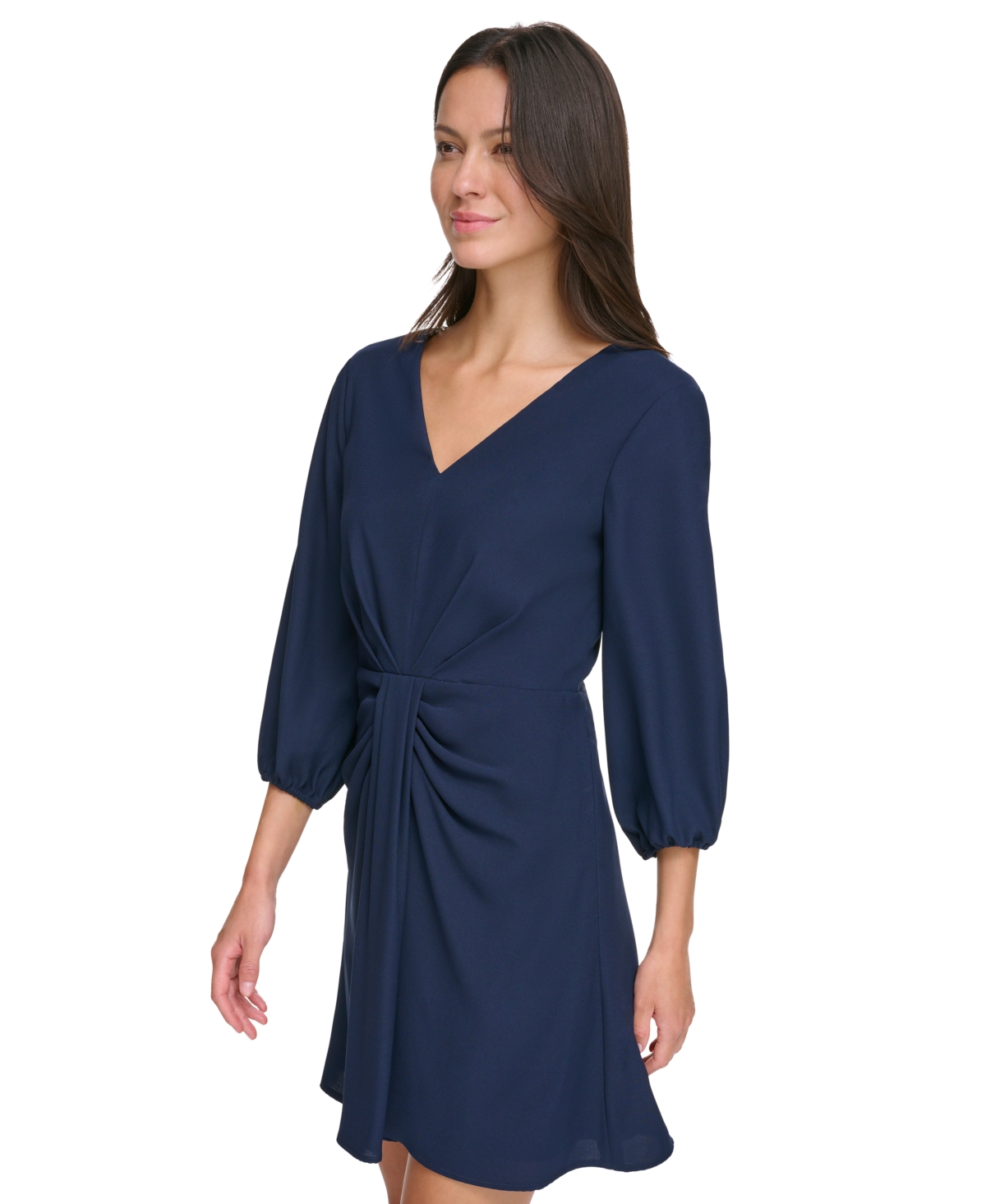 Shop Dkny Women's Balloon-sleeve Twist-front V-neck Dress In Navy