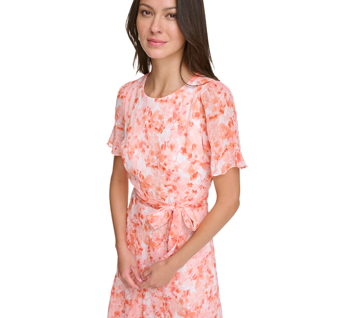Shop Dkny Petite Floral Godet-sleeve A-line Dress In Orange Multi