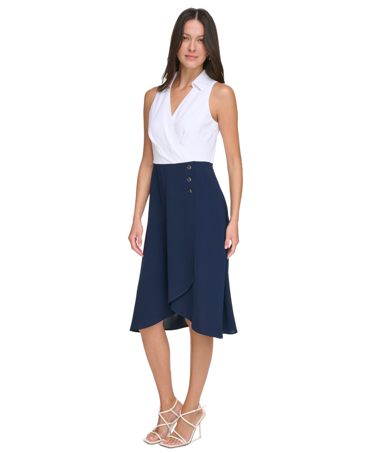 Shop Dkny Women's Color-blocked Collared Sleeveless Dress In Cream,navy