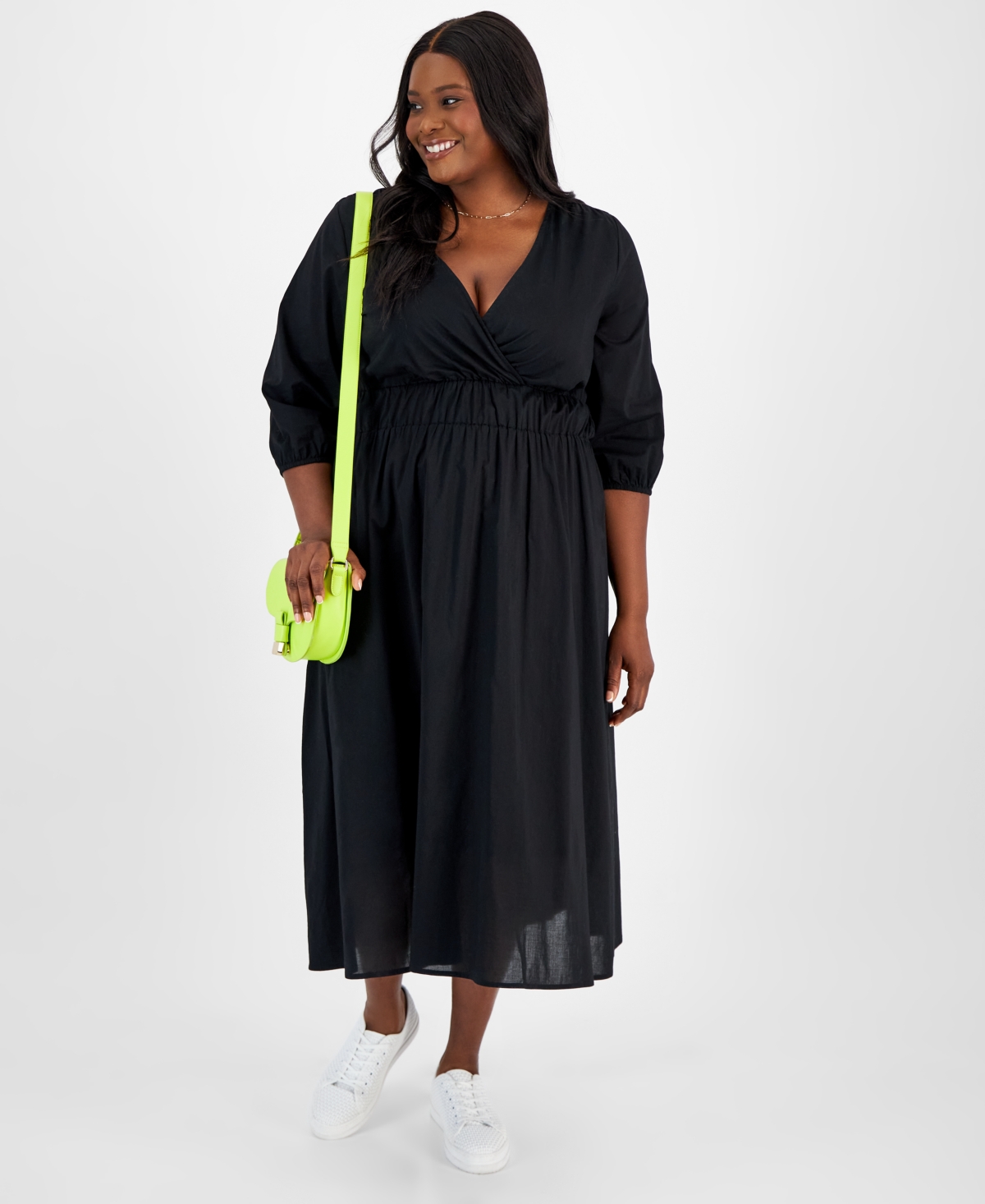 Shop On 34th Trendy Plus Size Printed Blouson-sleeve Cotton Midi Dress, Created For Macy's In Deep Black