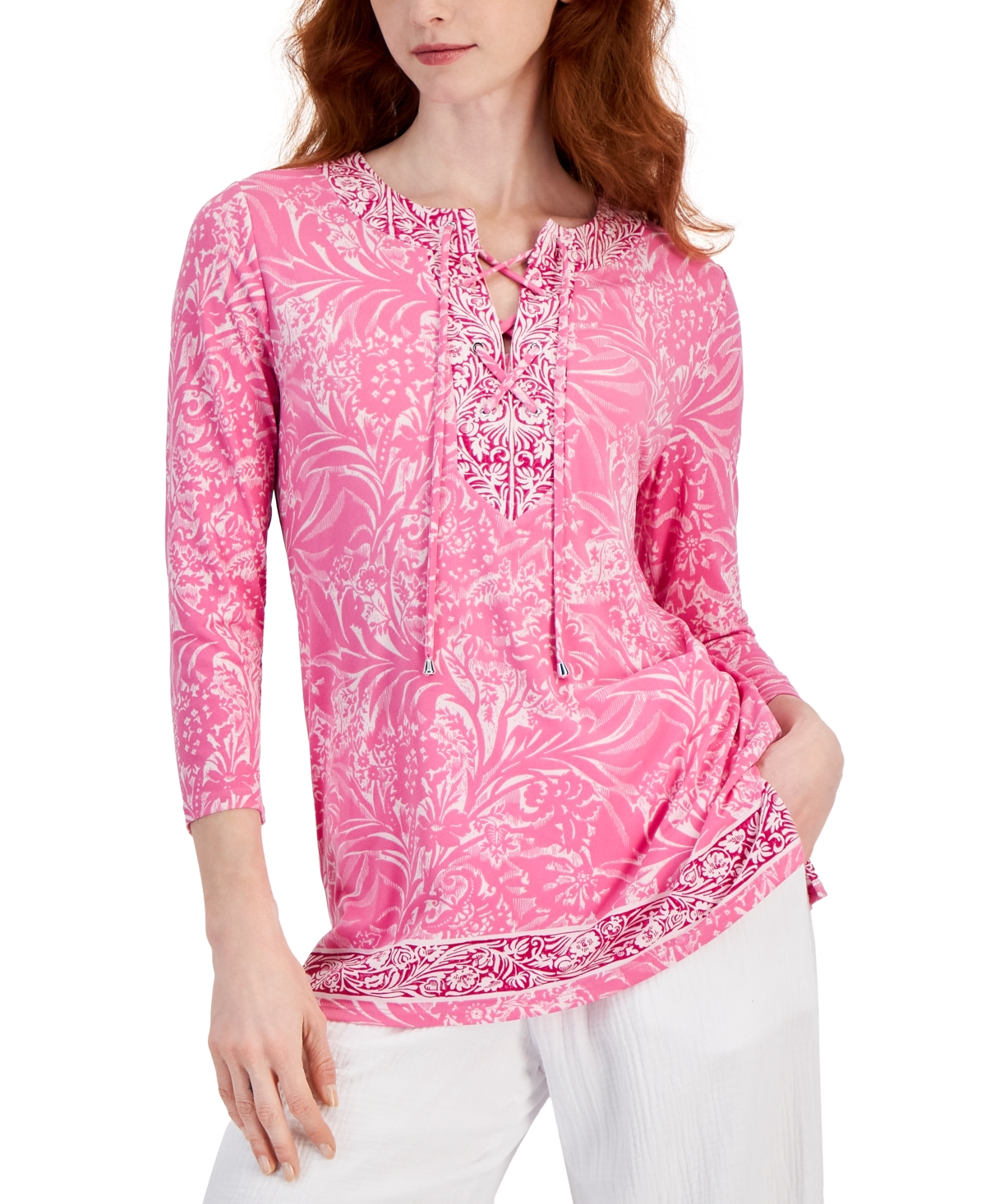 Women's Printed 3/4 Sleeve Lace-Up Knit Top, Created for Macy's - Intrepid Blue Combo