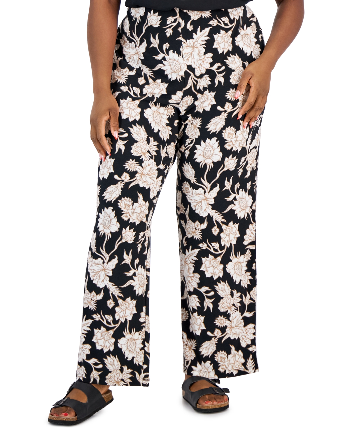 Jm Collection Plus Size Elena Printed Wide-leg Pants, Created For Macy's In Deep Black Combo
