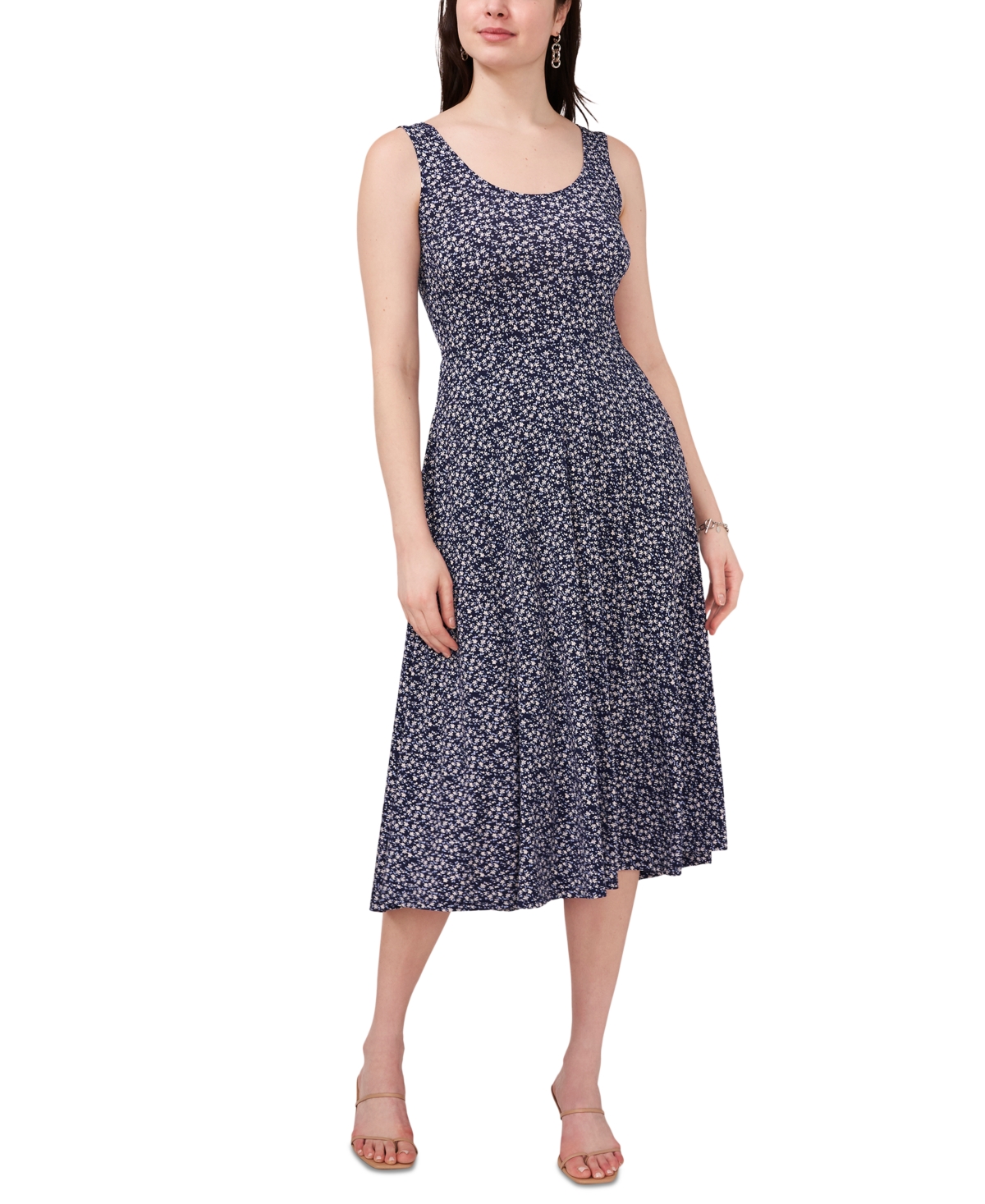 Women's Printed Scoop-Neck Sleeveless Midi Dress - Navy