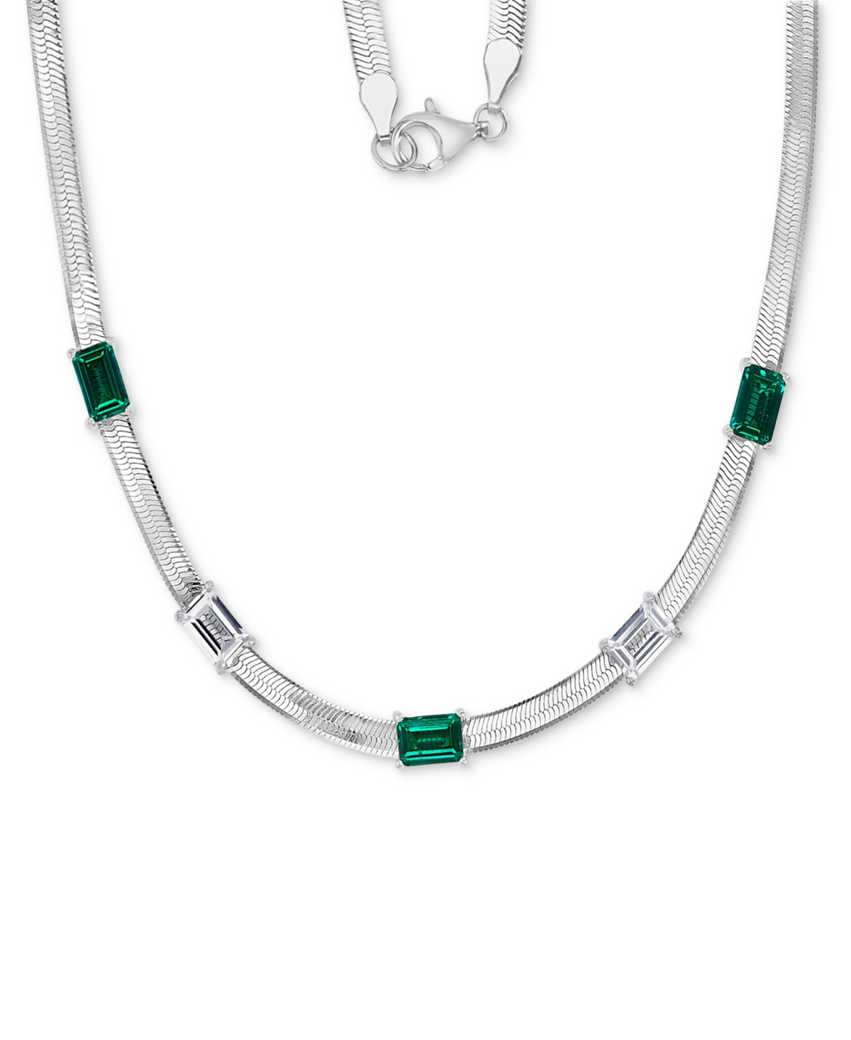 Macy's Lab-grown Emerald (1-3/4 Ct. T.w.) & Lab-grown White Sapphire (1-3/8 Ct. T.w.) Herringbone 18" Colla