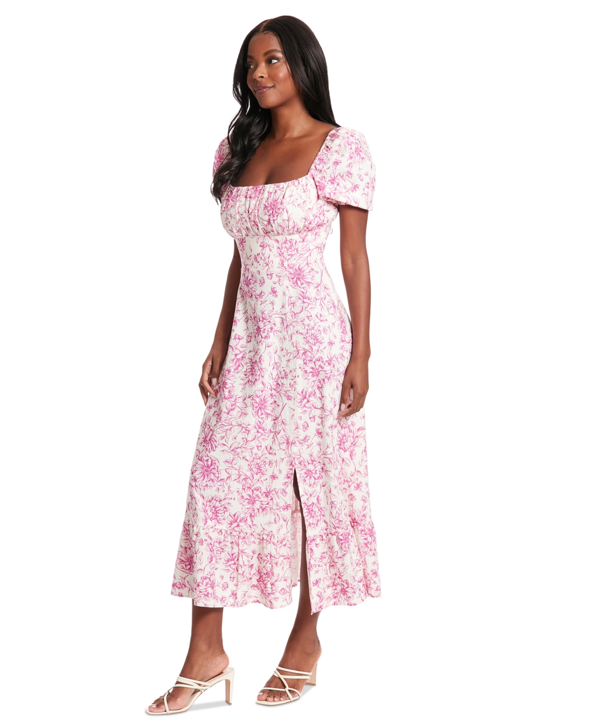 Shop London Times Women's Puff-sleeve Ruched Smocked-back Empire Midi Dress In Ivory,pink