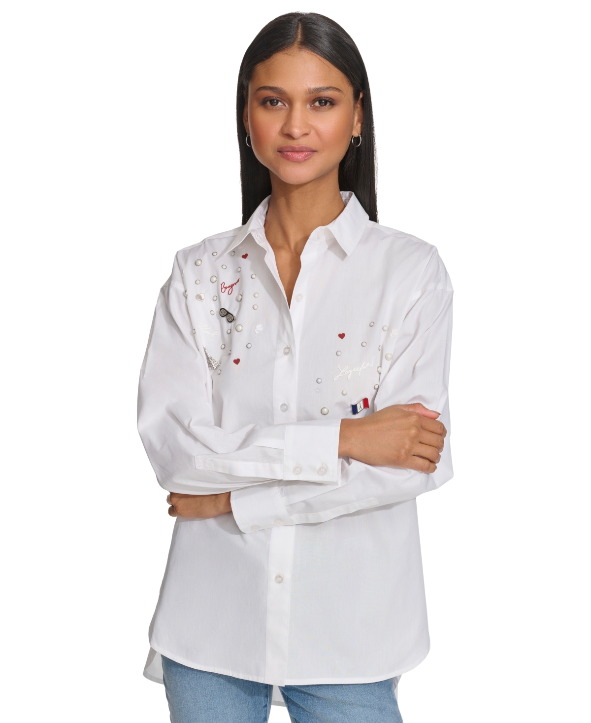 Shop Karl Lagerfeld Women's K-pin Oversize Cotton Button-down Shirt In White