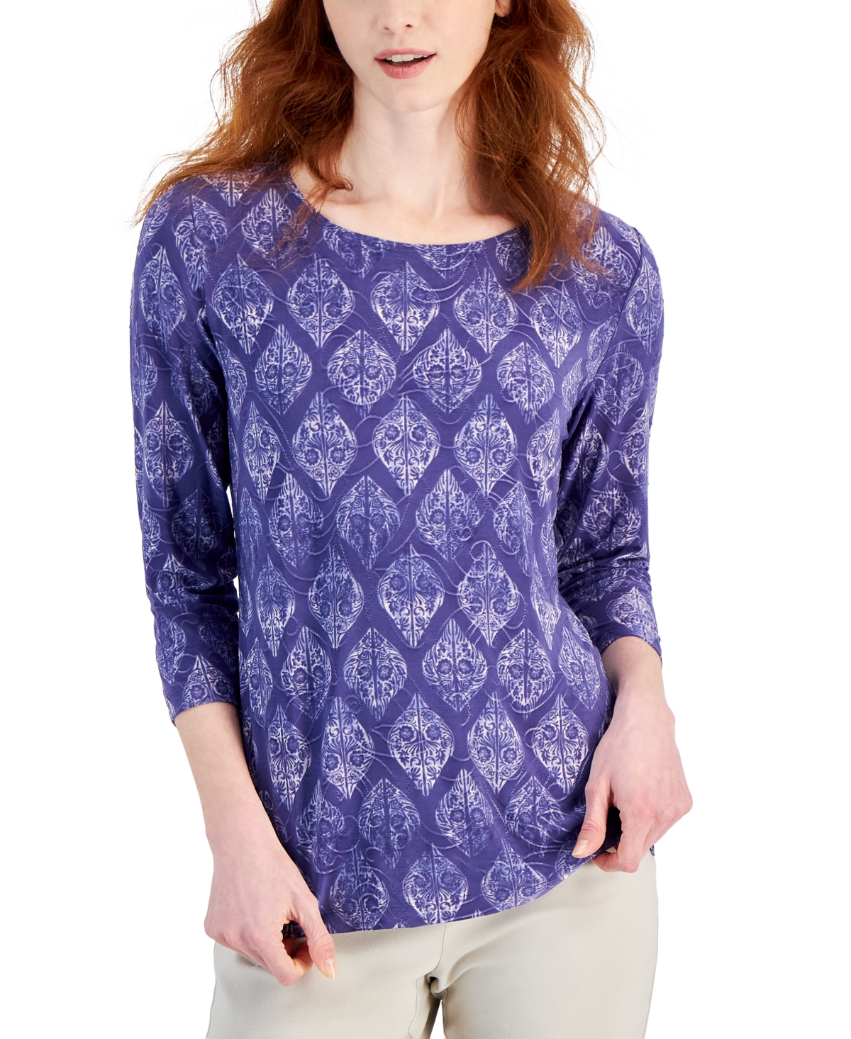 Women's Jacquard-Print Knit Top, Created for Macy's - Bright Pink Combo