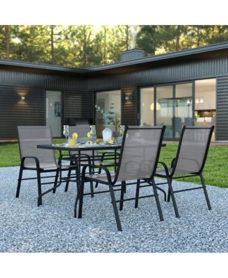Five Piece Patio Table Set With Metal Table With Tempered Glass Top And 4 Flex Comfort Stacking Chairs