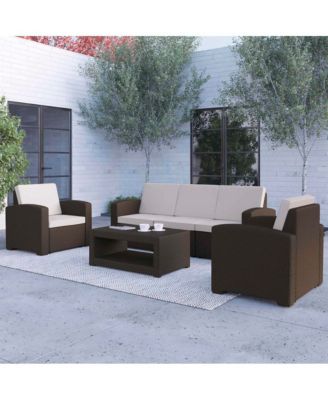 Errol 4 Piece Faux Rattan Patio Furniture Set With 2 Chairs And Sofa With Removable Beige Cushions And Table