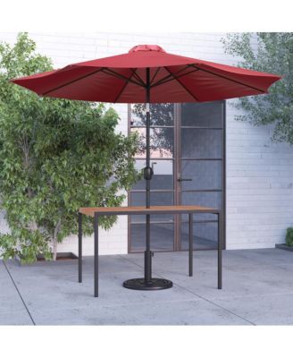 Outdoor Powder Coated Steel Dining Table With Faux Teak Poly Slat Top, 9' Patio Umbrella And Base