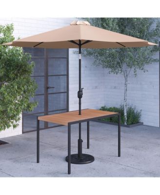 Outdoor Powder Coated Steel Dining Table With Faux Teak Poly Slat Top, 9' Patio Umbrella And Base