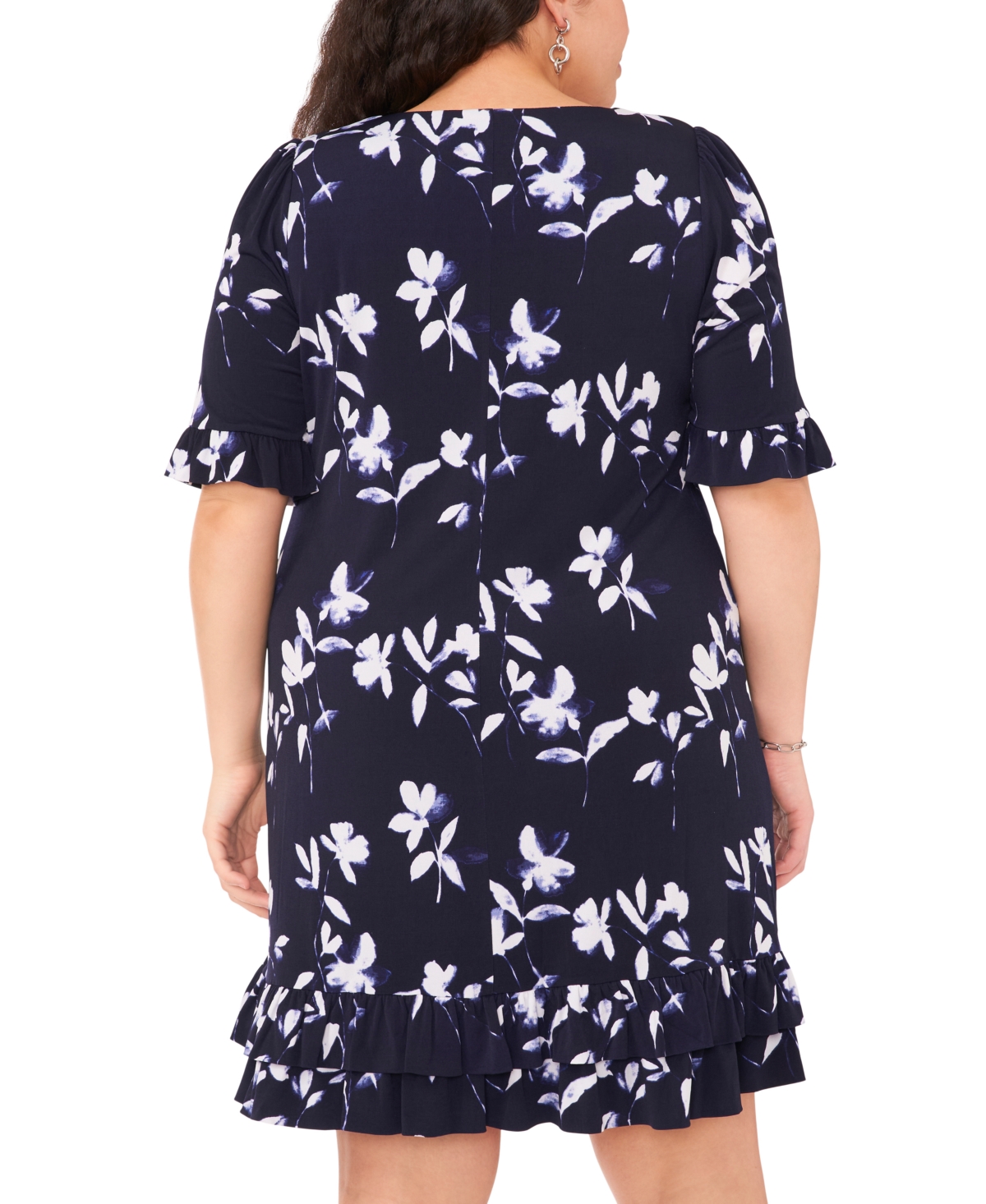 Shop Msk Plus Size Printed 3/4-sleeve Flounce Trim Dress In Navy,white