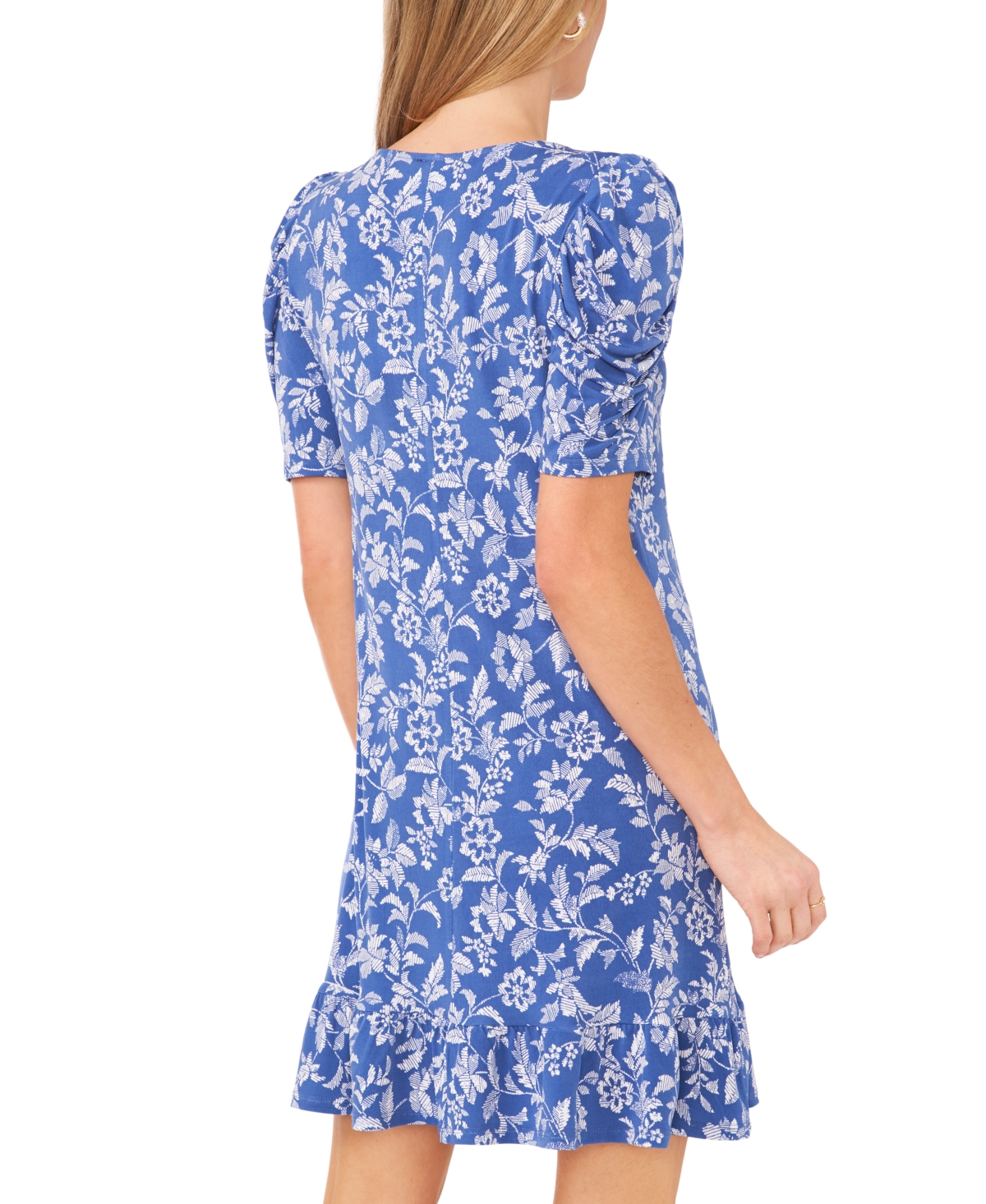 Shop Msk Petite Printed Puff-sleeve Fit & Flare Dress In Jbs Denim